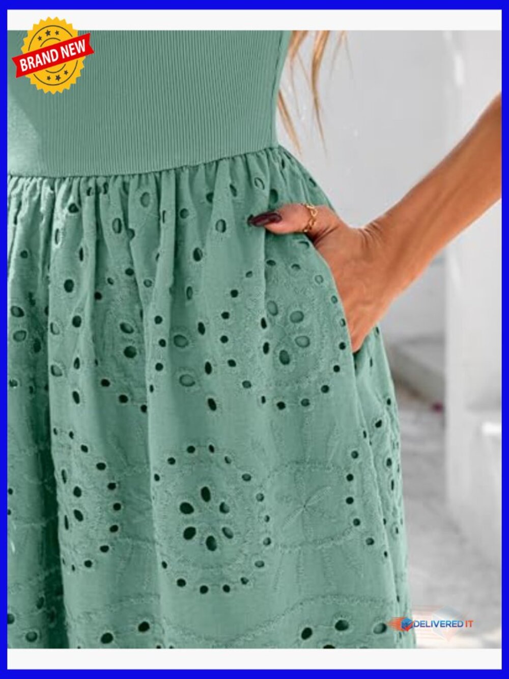 Sleeveless Crewneck A-Line Boho Lace Eyelet Cotton Tank Maxi Dress with Pockets - Picture 4 of 7